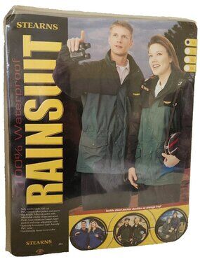 Stearns Waterproof Rainsuit Jacket Pants Green Black Vintage Men's M Women L NIP